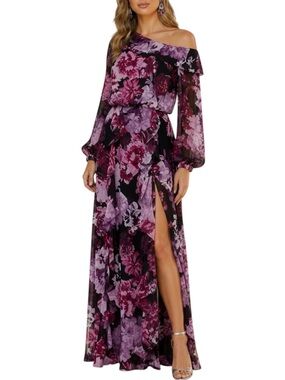 NWT XSCAPE Black Floral Sheer Long Sleeve Ruffle Detail Slit Dress Gown Size 8